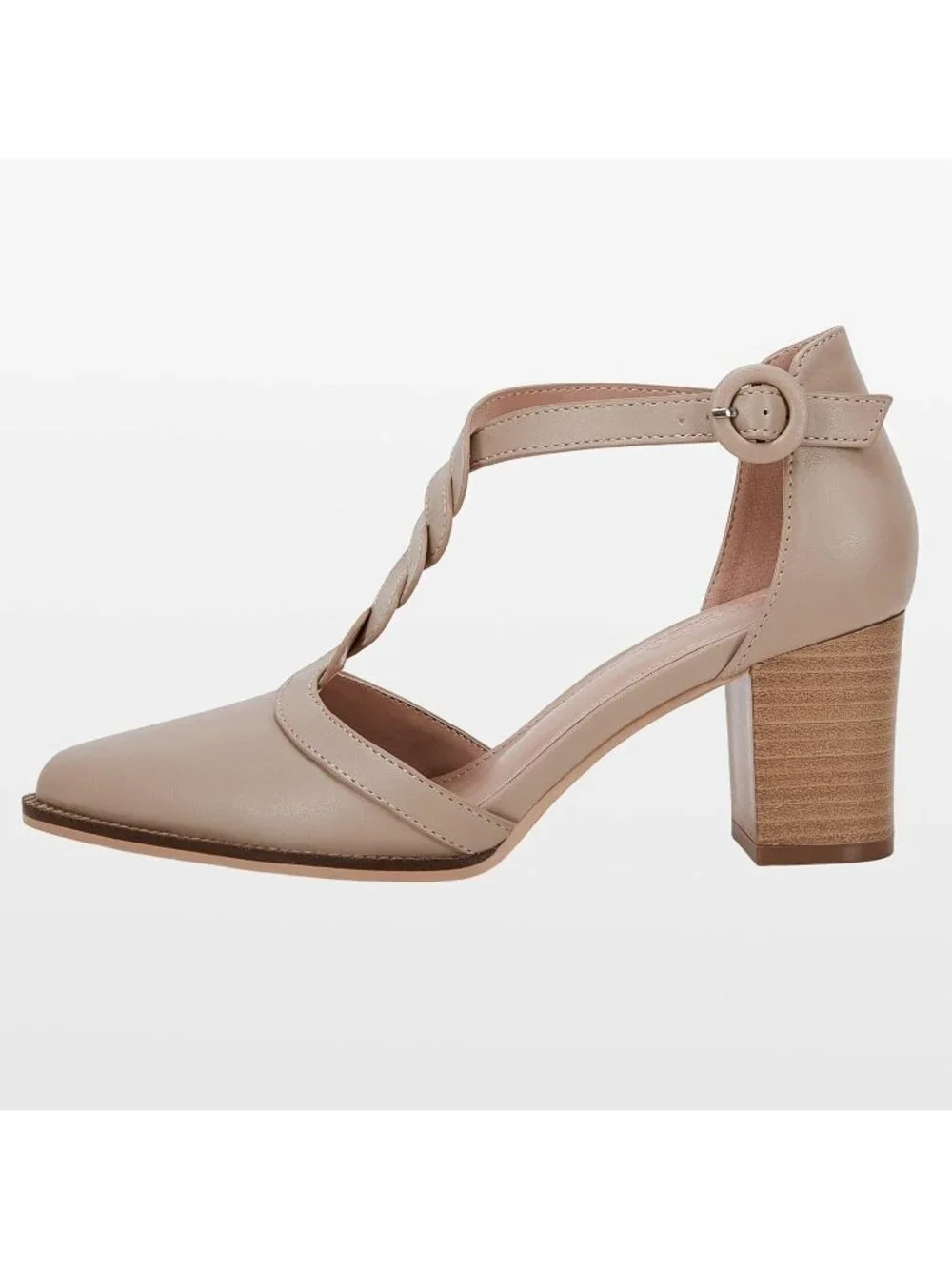Women's Nude Chunky Heels T Strap Pointed Toe Stacked Heeled Sandals Pumps